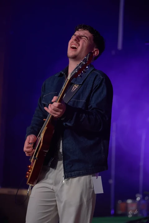 Guitariste sur scène sous les éclairages du Festival Blues des Deux Rivières