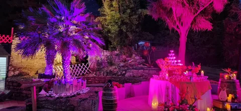 Mise en lumière rose et violette du jardin pour un mariage au Clos du Grand Val à Baud